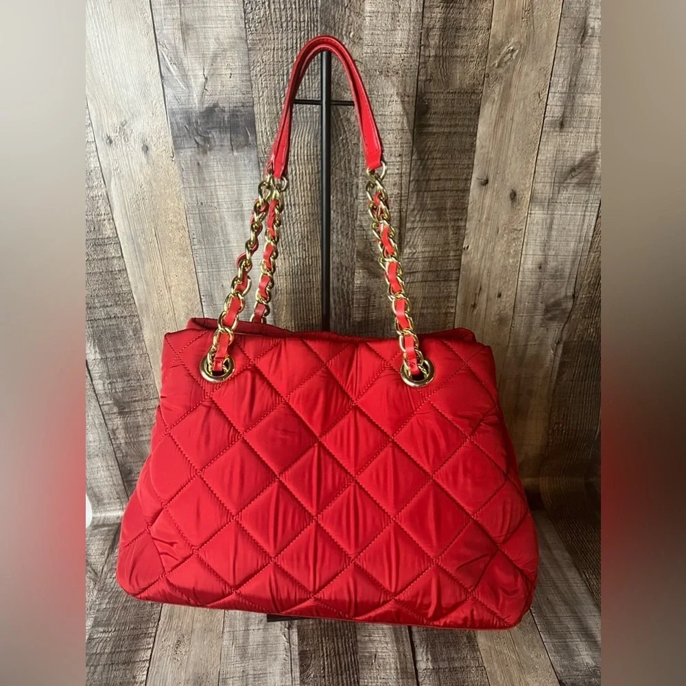 Talbots leather / nylon quilted red tote bag - Picture 1 of 16